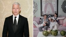 a split screen with anderson cooper on the left and gloria vanderbilt's pink living room on the right