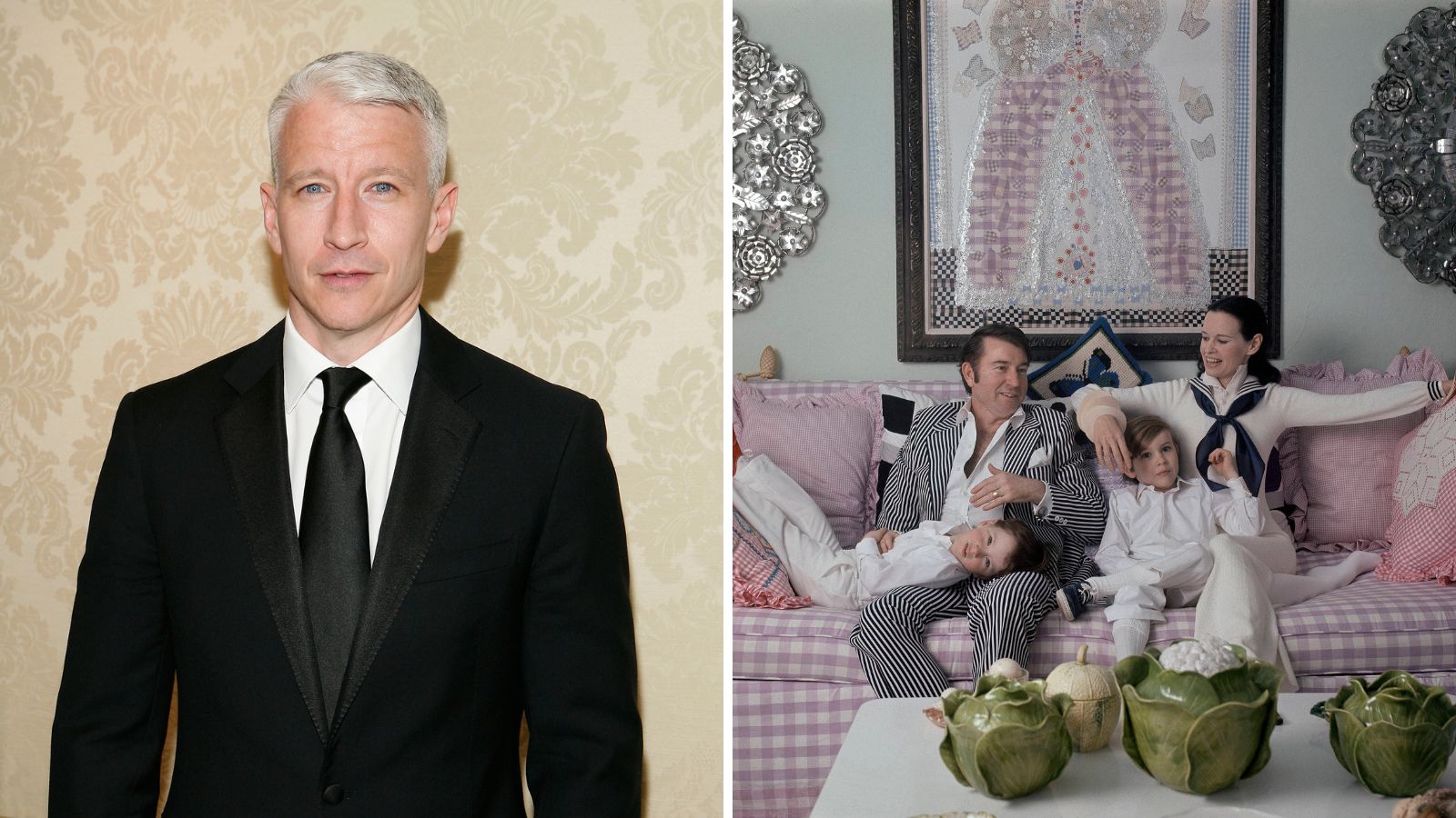 a split screen with anderson cooper on the left and gloria vanderbilt's pink living room on the right