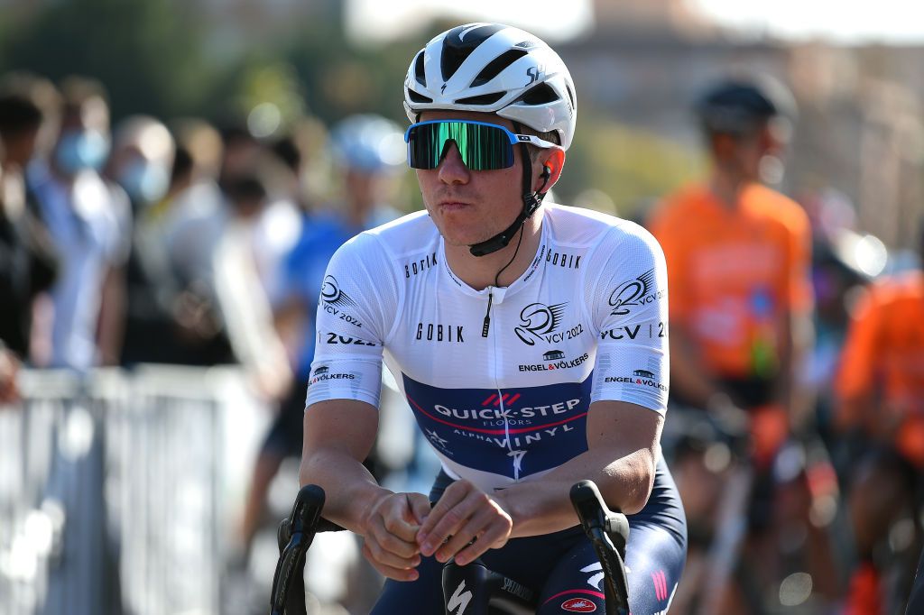 VALENCIA SPAIN FEBRUARY 06 Remco Evenepoel of Belgium and Team QuickStep Alpha Vinyl White Best Young Rider Jersey prior to during the 73rd Volta A La Comunitat Valenciana 2022 Stage 5 a 92km stage from Paterna to Valencia VCV2022 on February 06 2022 in Valencia Spain Photo by Dario BelingheriGetty Images