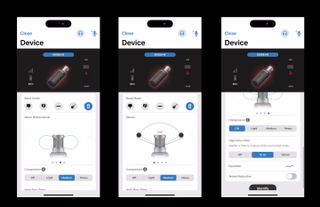 Shot showing three different screen grabs of the app. In the first garb a Mono Bidirectional polar pattern has been selected. In the second a wide stereo field has been set up to record a band. In the third the High Pass Filter has been set to 75 Hz to reduce background hum