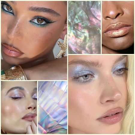 mermaid makeup trend pictured on four different models in a grid pattern with pastel holographic patterns around them