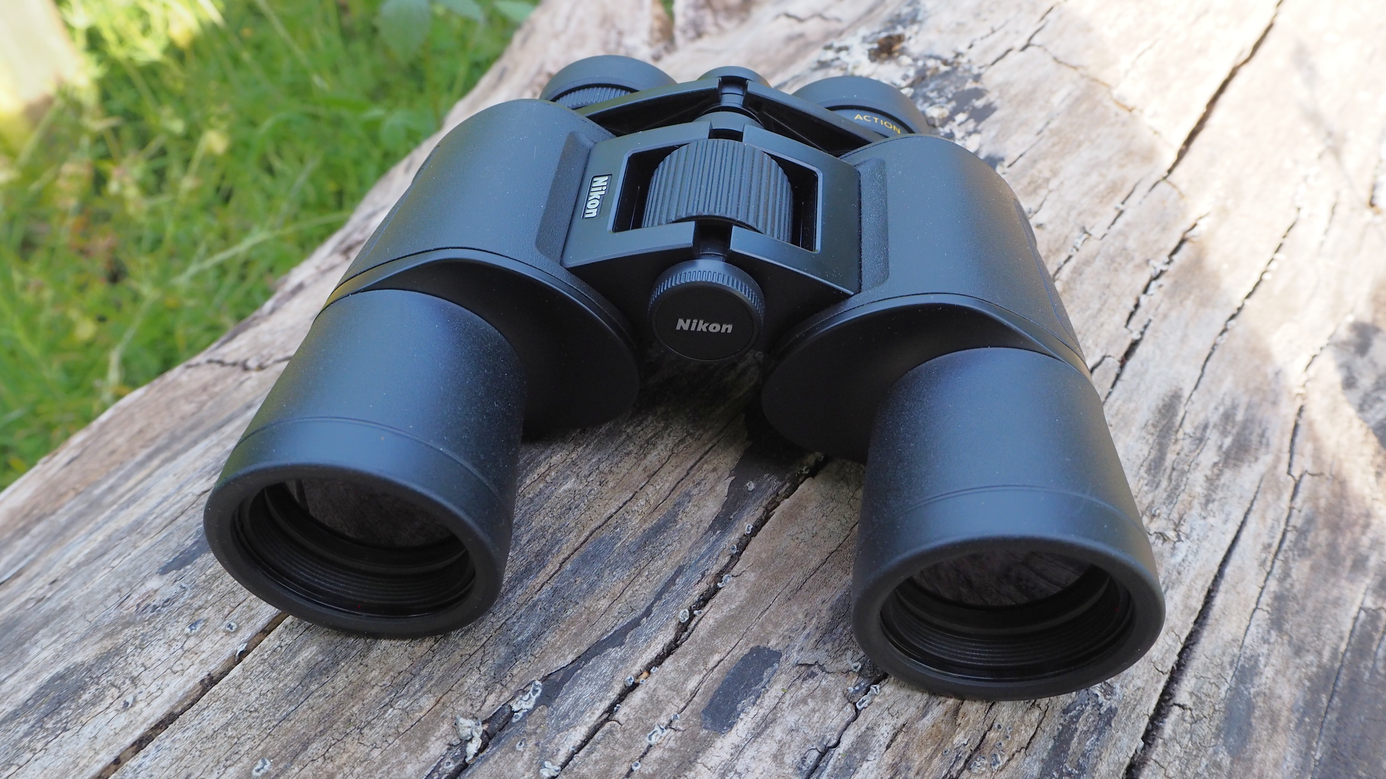 Nikon Action 10x42 binoculars on a log