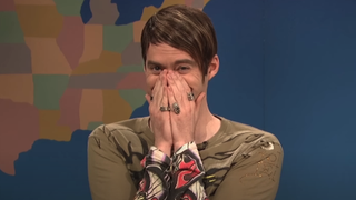 Bill Hader as Stefan covering his face during SNL weekend update on [Season 38, 2013]