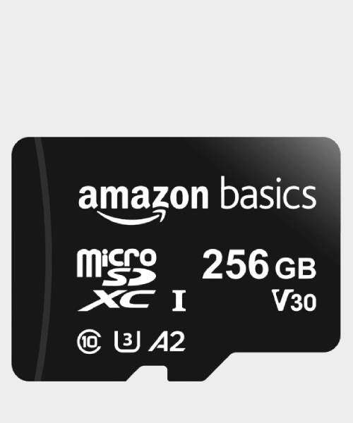 Product image of the Amazon Basics 256GB micro SD card, with a gray background.