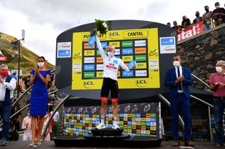 CANTAL FRANCE SEPTEMBER 11 Podium Tadej Pogacar of Slovenia and UAE Team Emirates White Best Young Rider Jersey Celebration during the 107th Tour de France 2020 Stage 13 a 1915km stage from ChtelGuyon to Pas de PeyrolLe Puy Mary Cantal 1589m TDF2020 LeTour on September 11 2020 in Cantal France Photo by Stuart FranklinGetty Images