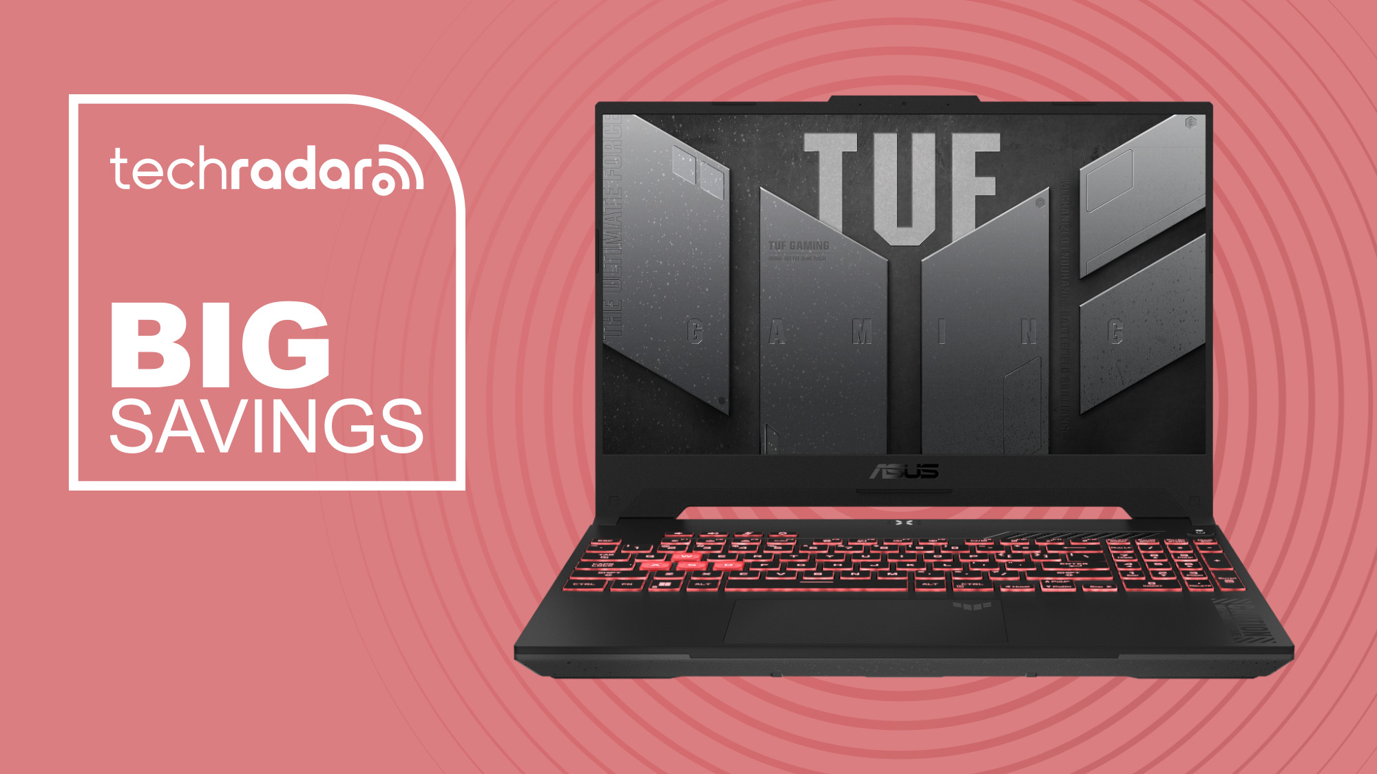 Asus TUF A15 on red background with big savings text overlay