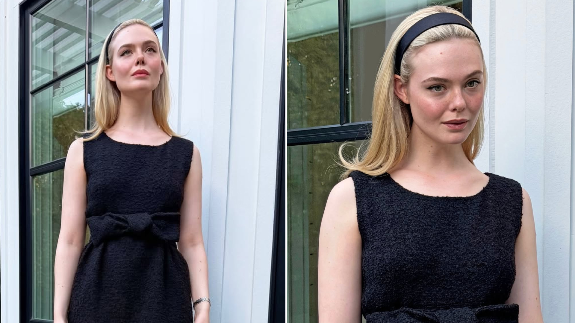 Elle Fanning Is So CBK-Coded in a '90s-Inspired Headband and a Vintage Balenciaga LBD with long blonde hair, sheer tights, and black patent pumps