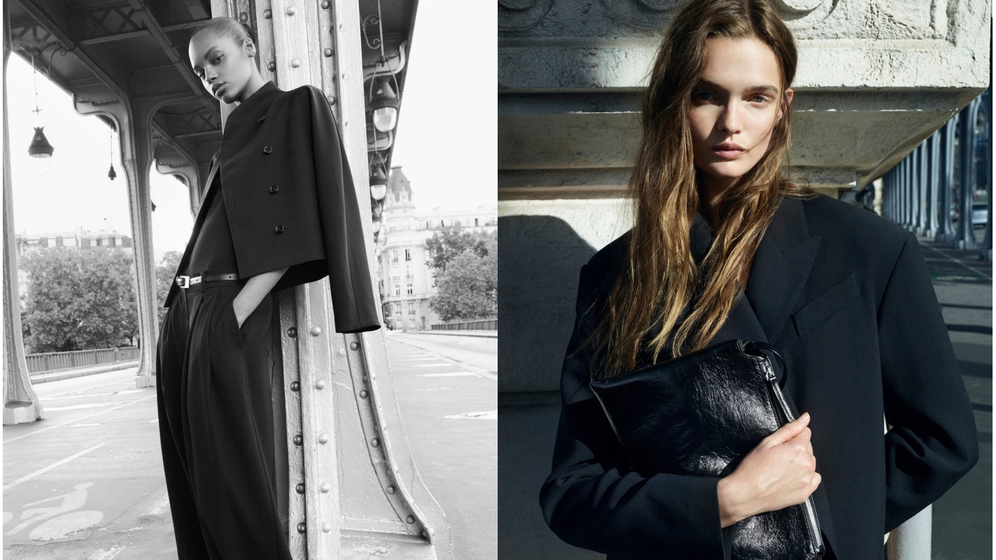 two side by side images from Cos campaigns: model wearing a structured black jacket under a bridge; and a second model holding a patent bag