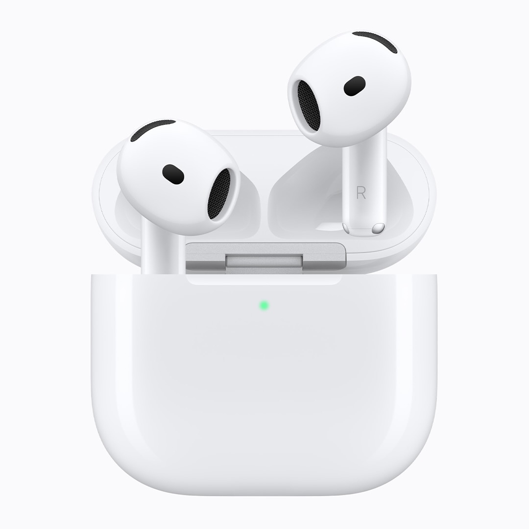 The Apple AirPods 5 with Wireless Charging Case on a white background. The earbuds are rising out of the case.