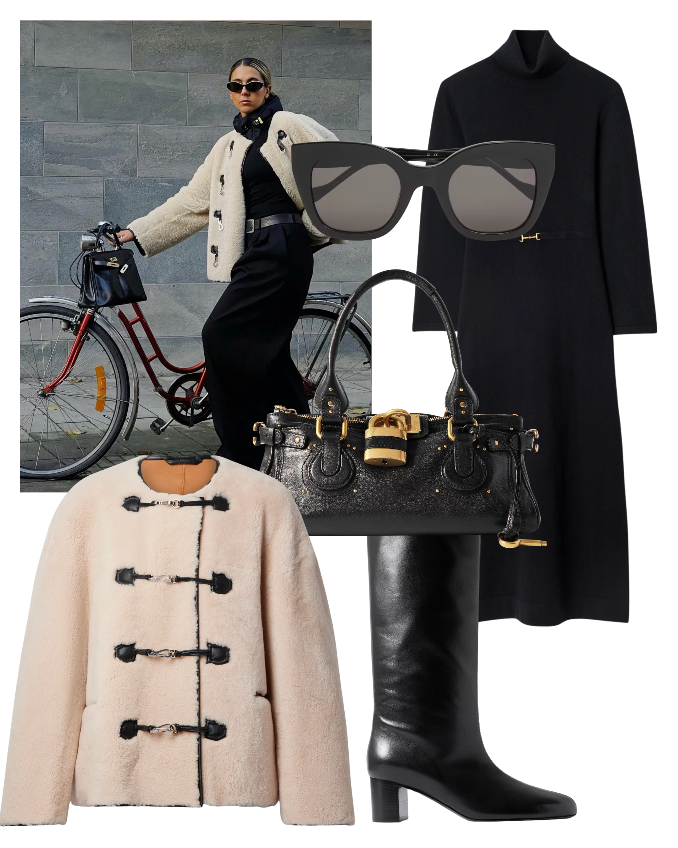 @hannamw wears Toteme shearling jacket black knitted dress