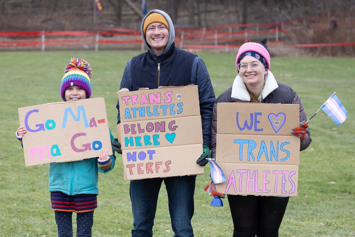 Despite reports that suggested the event may be marred by a hateful protest, the only signs seen on course were in support of the trans riders in the pro women's field.