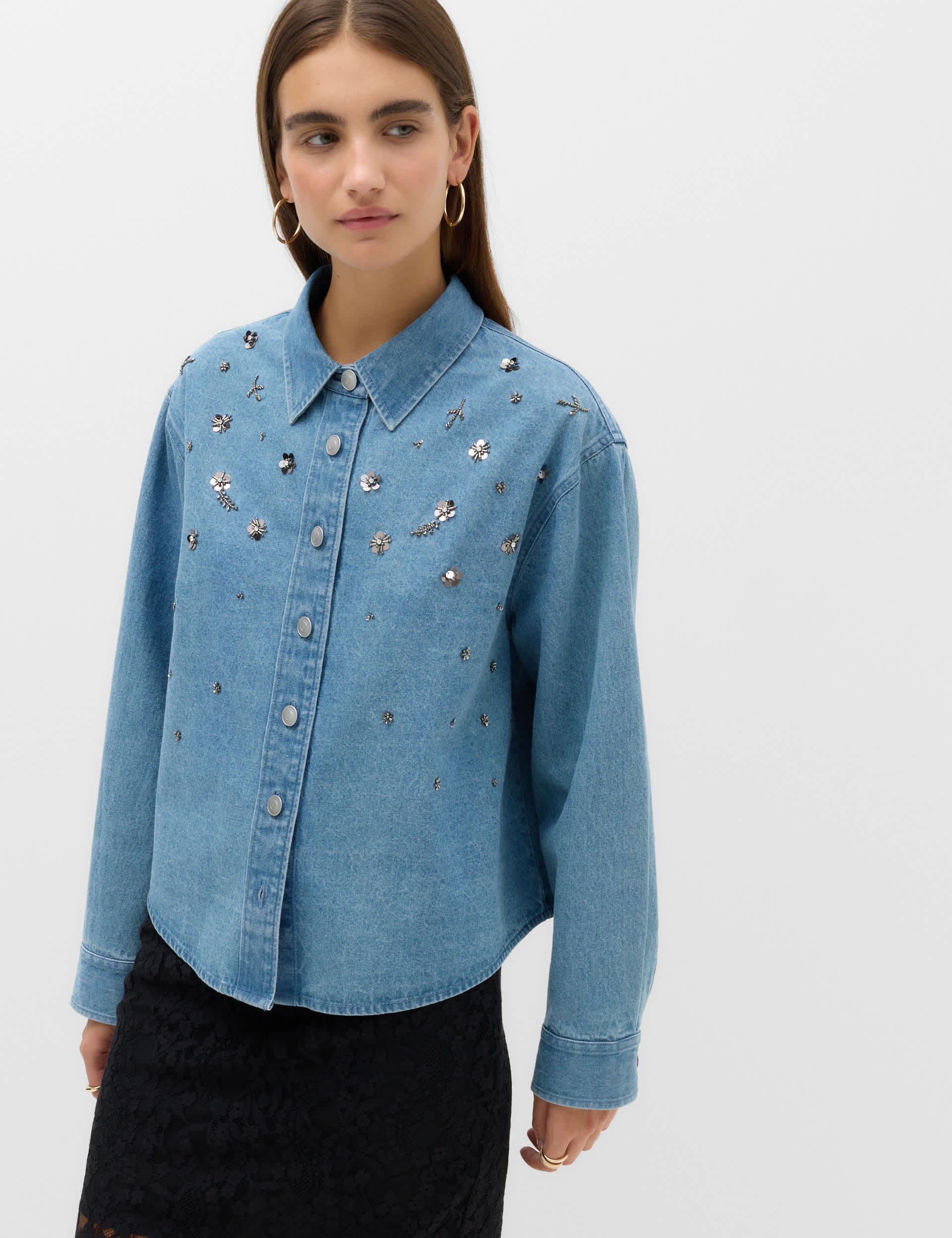 Embellished Denim Collared Shirt