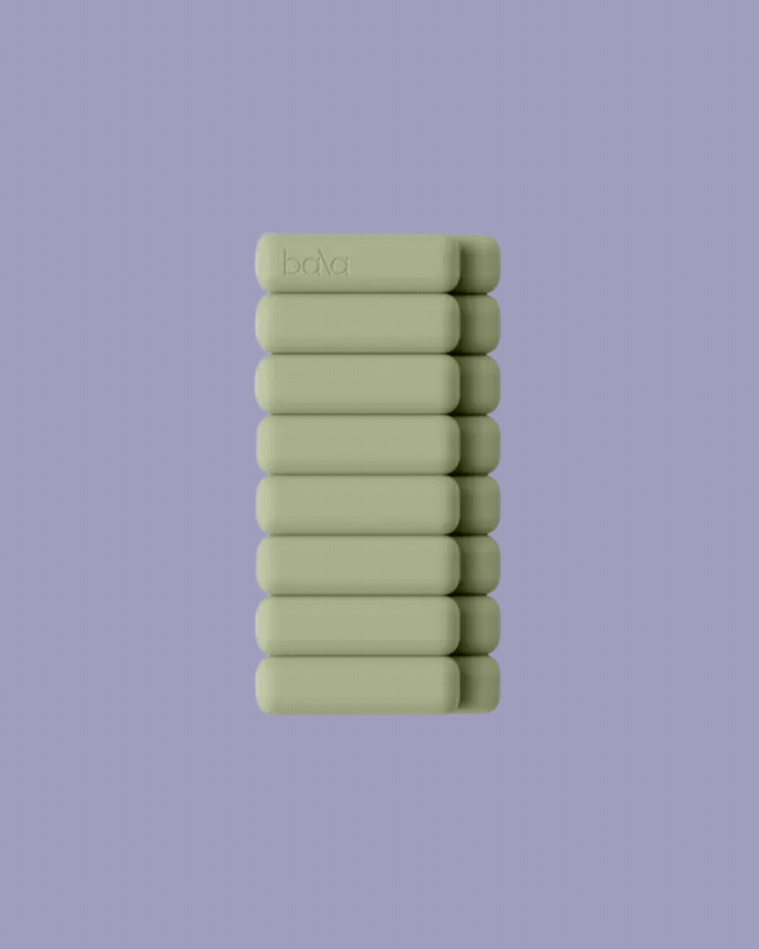 A rotating gif depicting two sets of weight bangles in sage green against a lilac background.