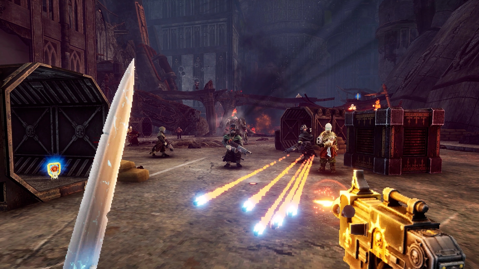 Warhammer 40K: Boltgun 2 gameplay showing the player being shot at by cultists while holding a power sword and bolt pistol