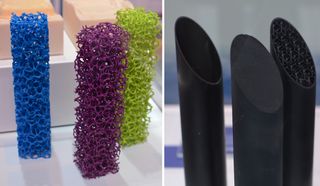 3D-printed experimental materials displayed by Ford. Left: foams that mimic biological structures; Right: tubes with solid, hollow and textured interiors. 3D printing enables repeatable manufacturing of these complex textured materials that cannot be made by traditional methods.