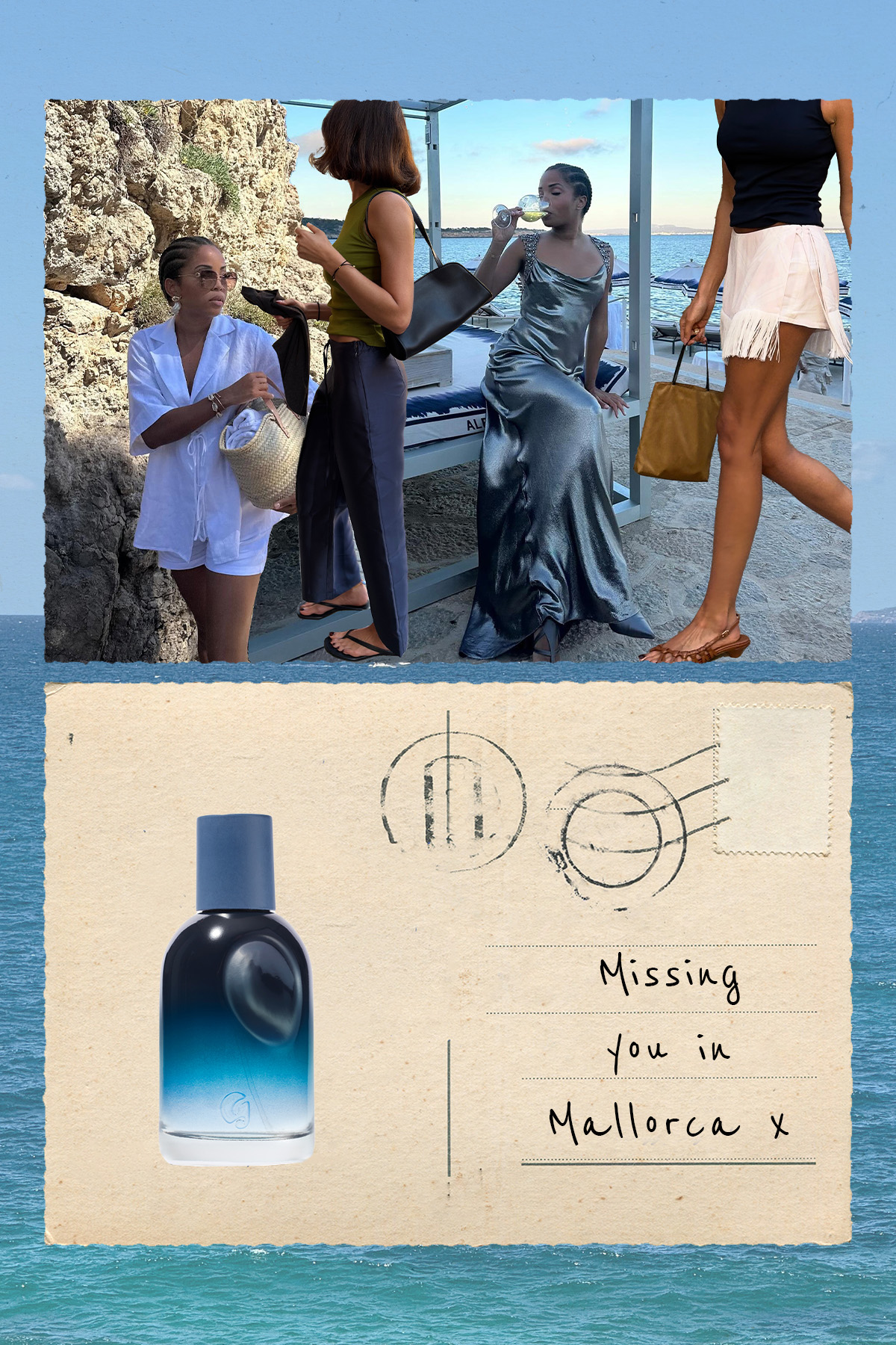 A collage of creators Ellie Delphine and Marianne Smyth in Ibiza and a Glossier perfume