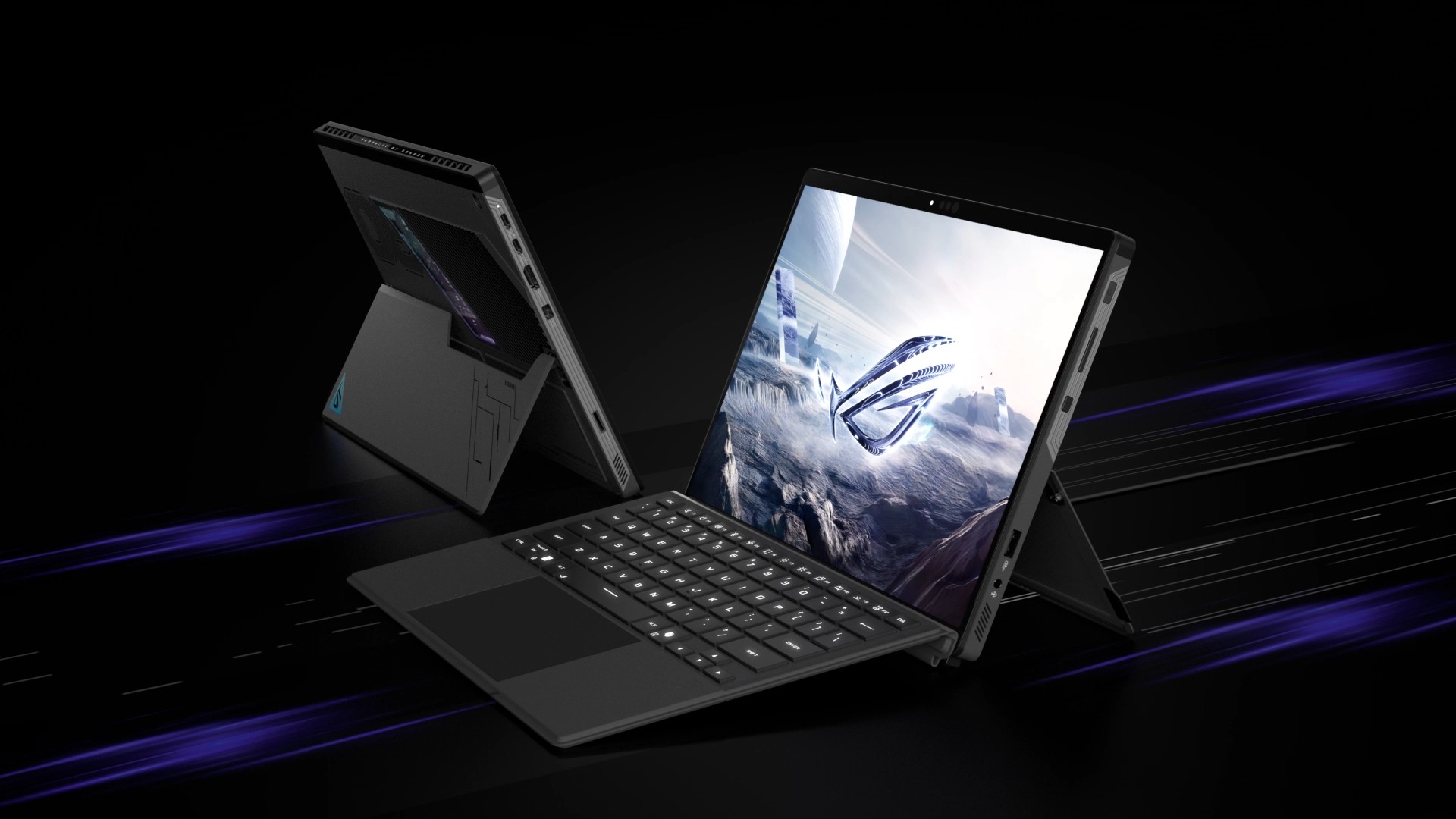 The ASUS ROG Flow Z13 (2025) in two positions, one with its keyboard attached and screen facing forward and the other with its keyboard detached and screen facing backward.