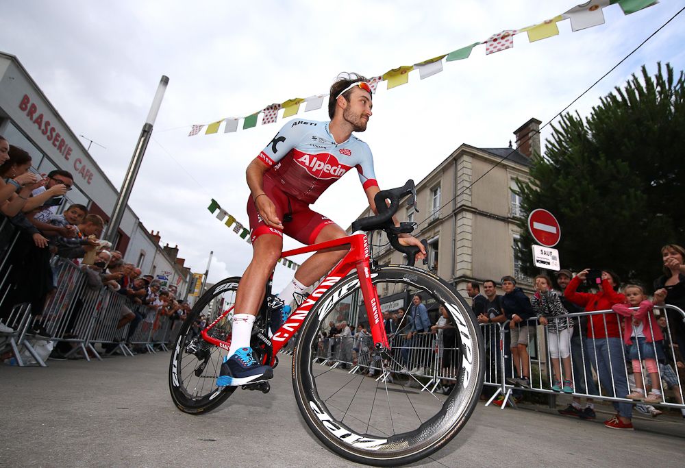 Rick Zabel rides to the stage at the 2018 Tour de France team presentation