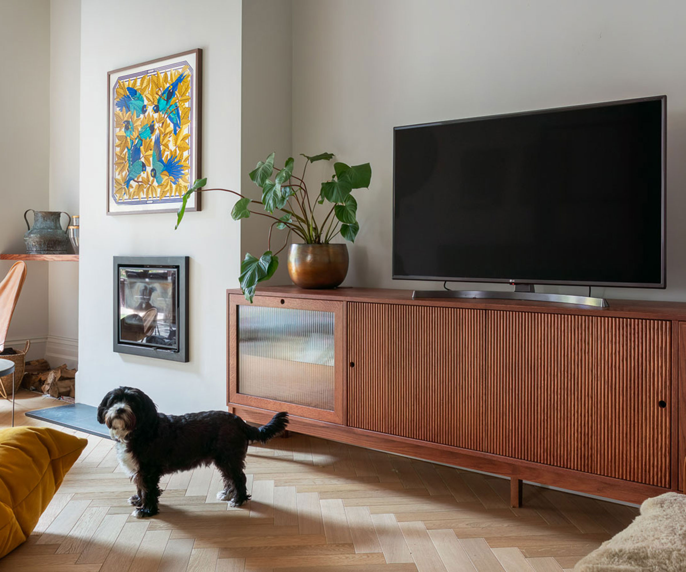 modern living room with herringbone wooden flooring