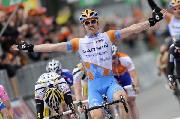 With arms wide open: Tyler Farrar (Garmin-Transitions) wins stage two of the Giro d'Italia