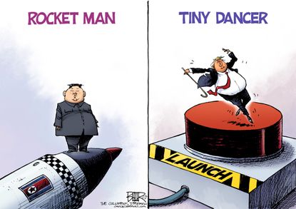 Political cartoon U.S. Trump Kim Jong Un Rocket Man Tiny Dancer nuclear weapons