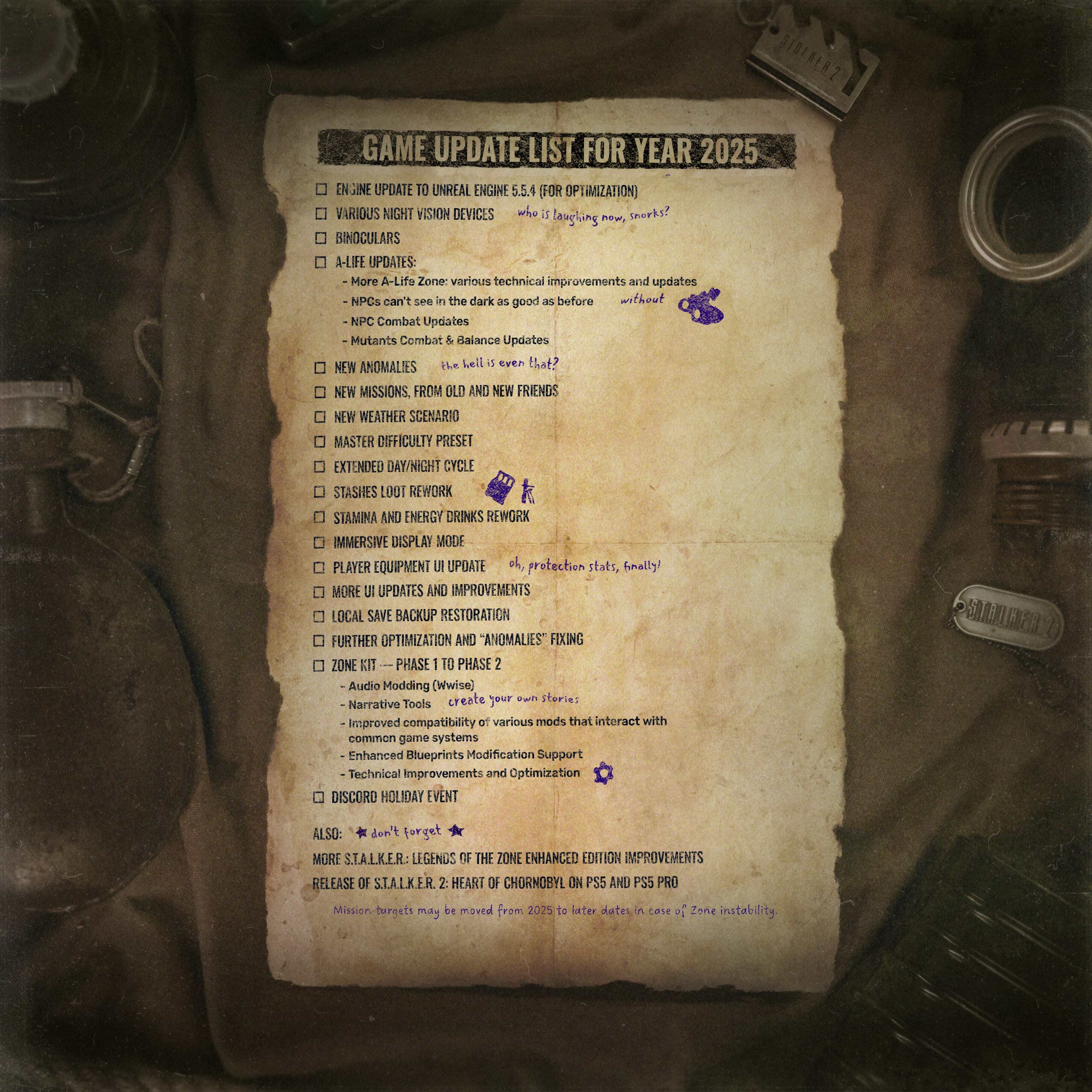 A list of Stalker's planned updates for Q3 and Q4 2025.