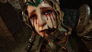 Crisol trailer still - lady robot lady crying blood, about to kick your ass
