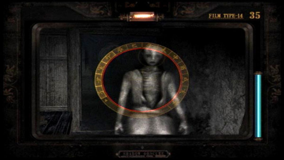 Fatal Frame 2: Crimson Butterfly screenshot of a ghostly figure who appears as the player-character looks through a camera lens