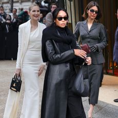 a collage of celebrity street style images during Paris Haute Couture fashion week including Kendall Jenner, Laura Harrier, and Kelly Rutherford