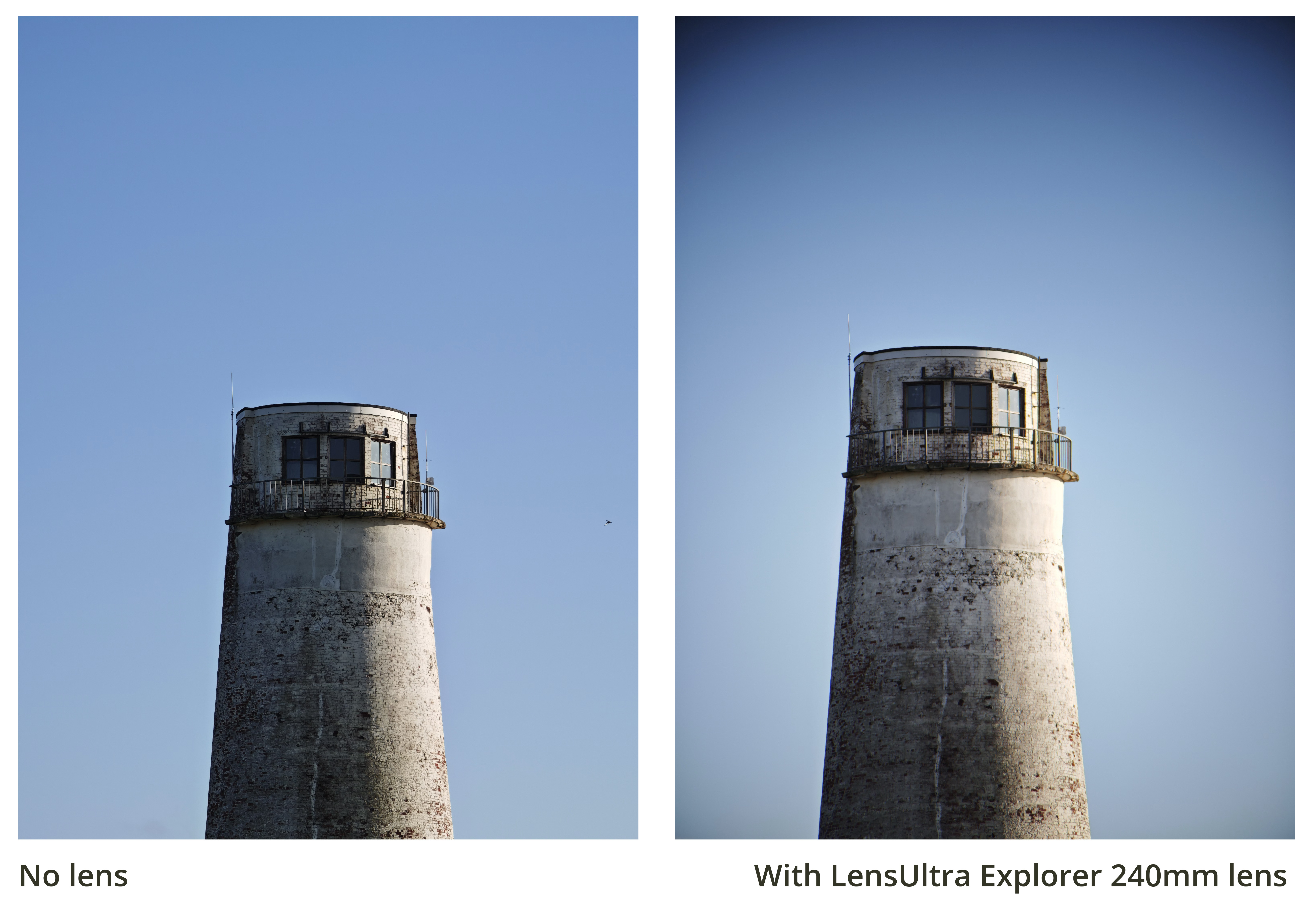 Two images of a lighthouse next to each other in front of blue sky
