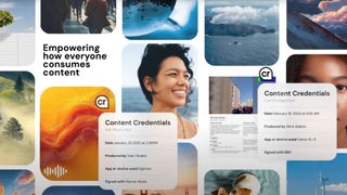 A visual demonstration shows Content Credentials cards overlaying various images and videos, detailing information such as the file type, date, producer, app or device used, and the signing entity.