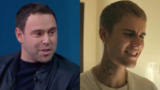 Scooter Braun is interviewed by Fast Company, while Justin Bieber sings in the "Ghost" music video.