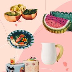 Collection of colourful, tropical homeware on pin graphic background