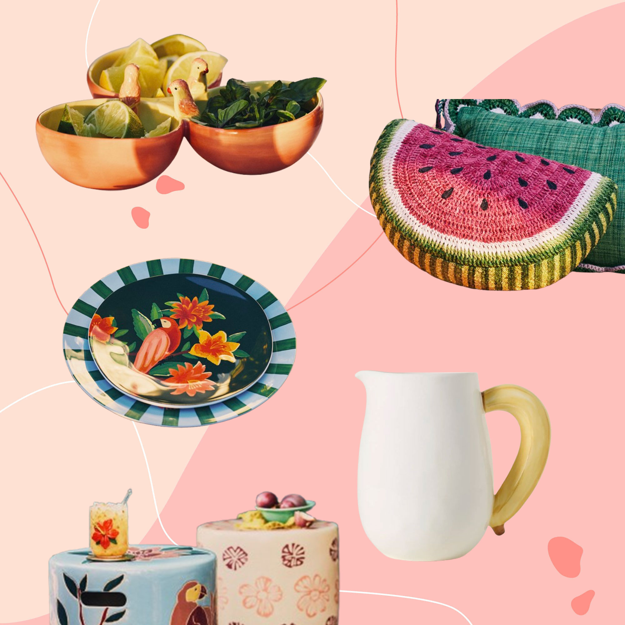 Collection of colourful, tropical homeware on pin graphic background