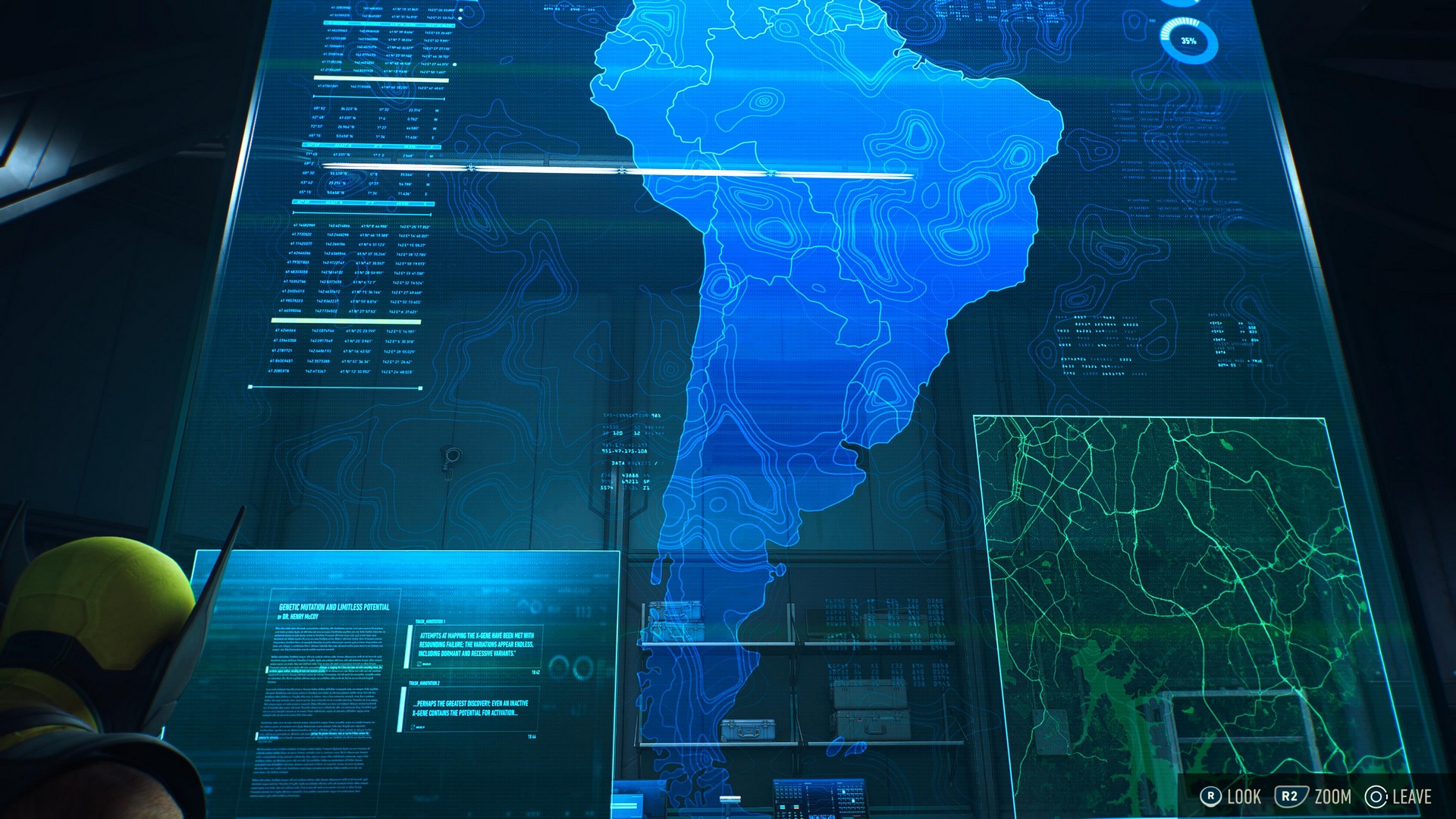 Logan reads a blue-tinted screen in Marvel's Wolverine showing mutant research by Henry McCoy