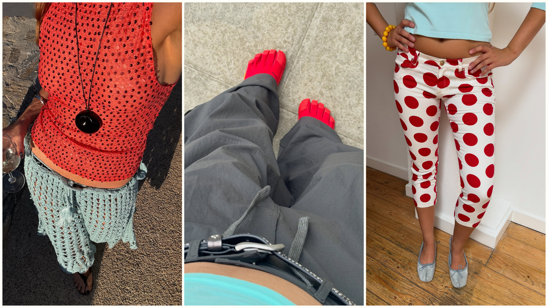 Three fashion people wear the turqouise and red colour combo spoken about in the piece. 