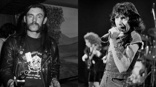 Lemmy looking wild-eyed holding a drink, and Bon Scott onstage (composite image)