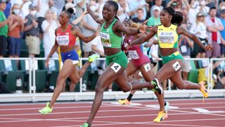 Tobi Amusan of Team Nigeria crosses the finish line in the Women's 100m Hurdles Final