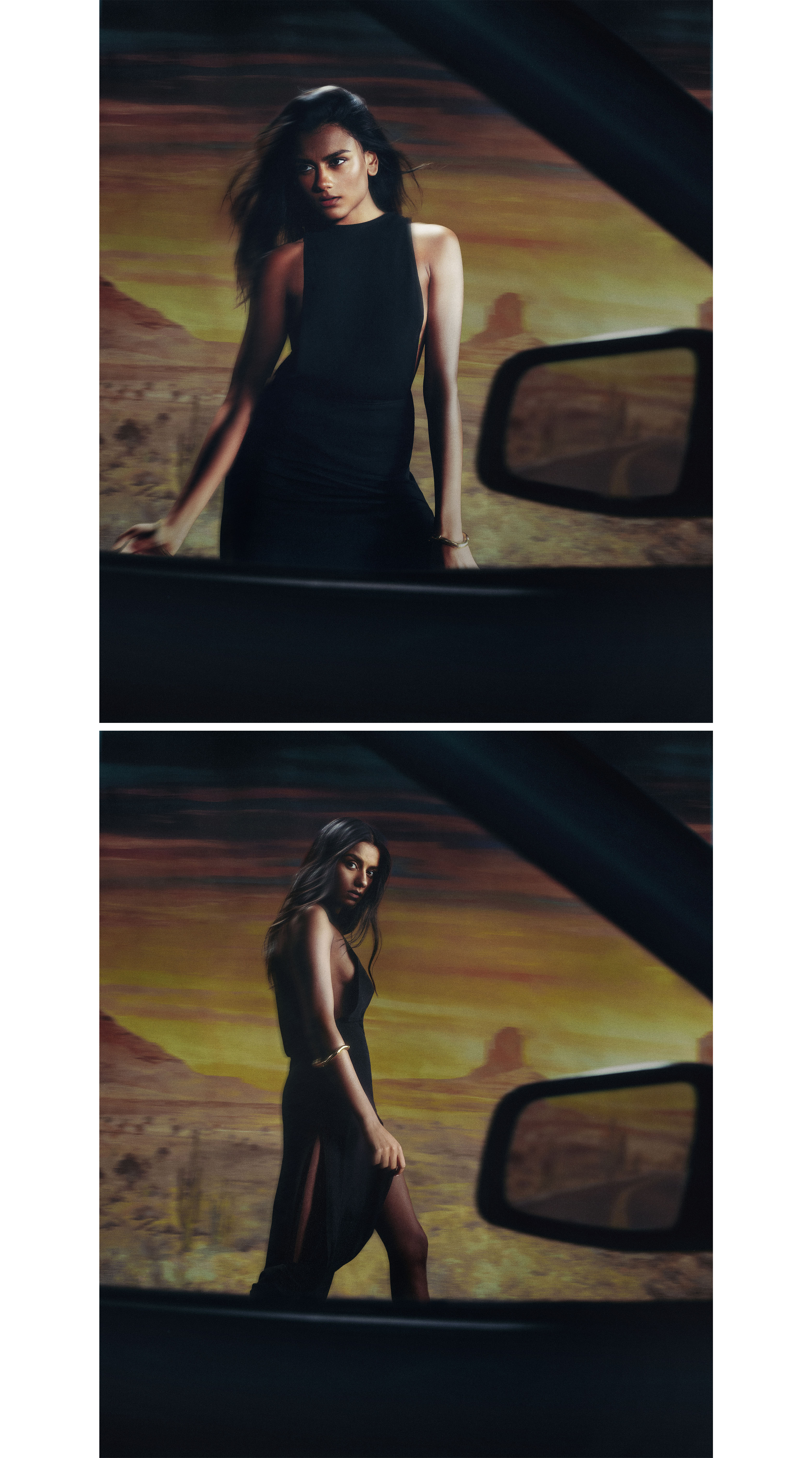 Simone Ashley photographed from a car window walking in front of a desert landscape backdrop wearing a black dress.