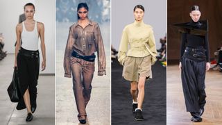 Looks from Micheal Kors, Helmut Lang, JW Anderson, Junya Watanabe's Fall 2024 featuring the doube-belt trend.