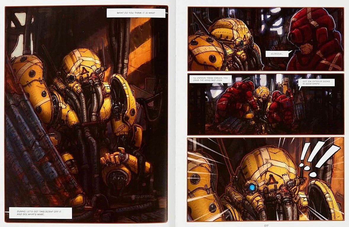 a page from a sci-fi graphic novel with a robot