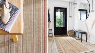 rustic striped carpet with faded colored stripes in a living room next to a hallway with a matching stripe rug to show a key flooring trend 2023