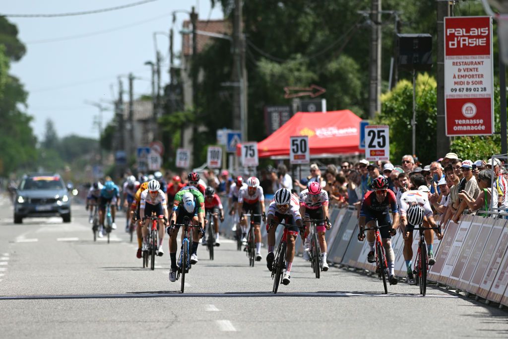 AUTERIVE FRANCE JUNE 19 LR Max Kanter of Germany and Movistar Team Green Points Jersey Matteo Moschetti of Italy and Team Trek Segafredo Elia Viviani of Italy and Team INEOS Grenadiers and Niccolo Bonifazio of Italy and Team Total Energies sprint to win during the 46th La Route dOccitanie La Depeche du Midi 2022 Stage 4 a 1883km stage from Les Angles to Auterive RDO2022 on June 19 2022 in Auterive France Photo by Dario BelingheriGetty Images