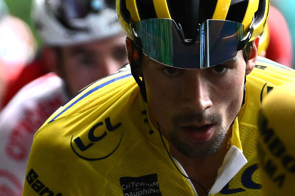 JumboVisma teams Slovenian rider Primoz Roglic rides during the eighth stage of the 74th edition of the Criterium du Dauphine cycling race 1375 km between SaintAlbanLeysse and Plateau de Solaison on June 12 2022 Photo by Marco BERTORELLO AFP Photo by MARCO BERTORELLOAFP via Getty Images