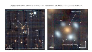 Two images of the newly discovered Einstein cross, appearing blue around a nucleus of orange starlight
