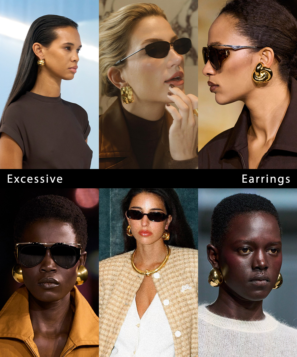 a collage of runway images and street style images with women wearing 80s-inspired oversized earring trend