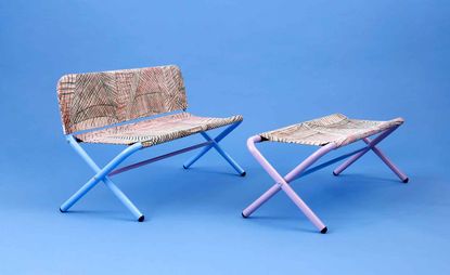 Two foldable benches, one with back and one without, featuring light blue and lilac metal frames and textile seats printed with striped patterns
