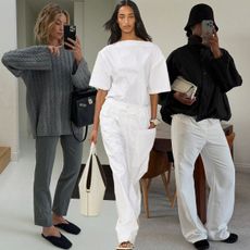 A collage featuring lazy luxury outfits by @anoukyve, @nlmarilyn, and models from Tod's and Kallmeyer's S/S 25 shows.