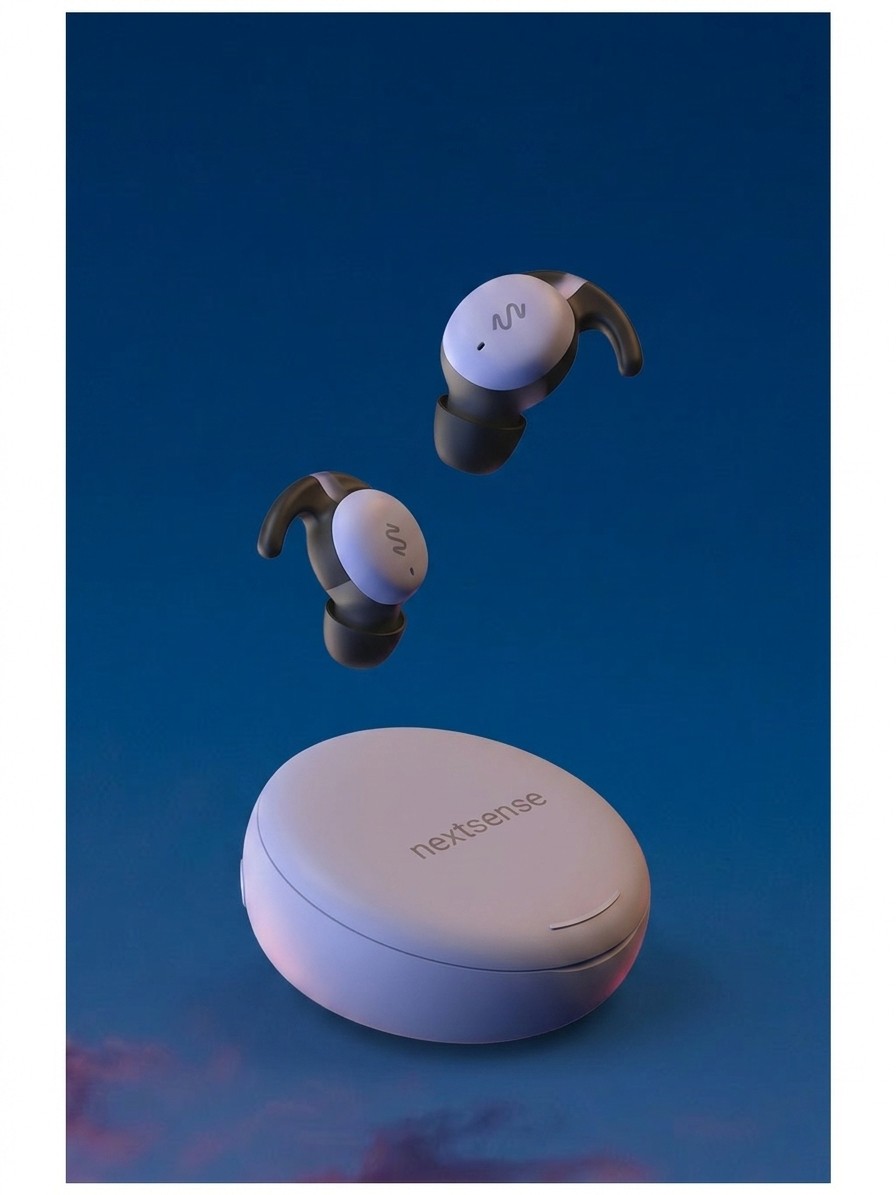 The NextSense Smartbuds and their case against a background of a dark sky edited by Gemini