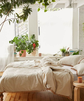 A neutral bedroom with houseplants throughout